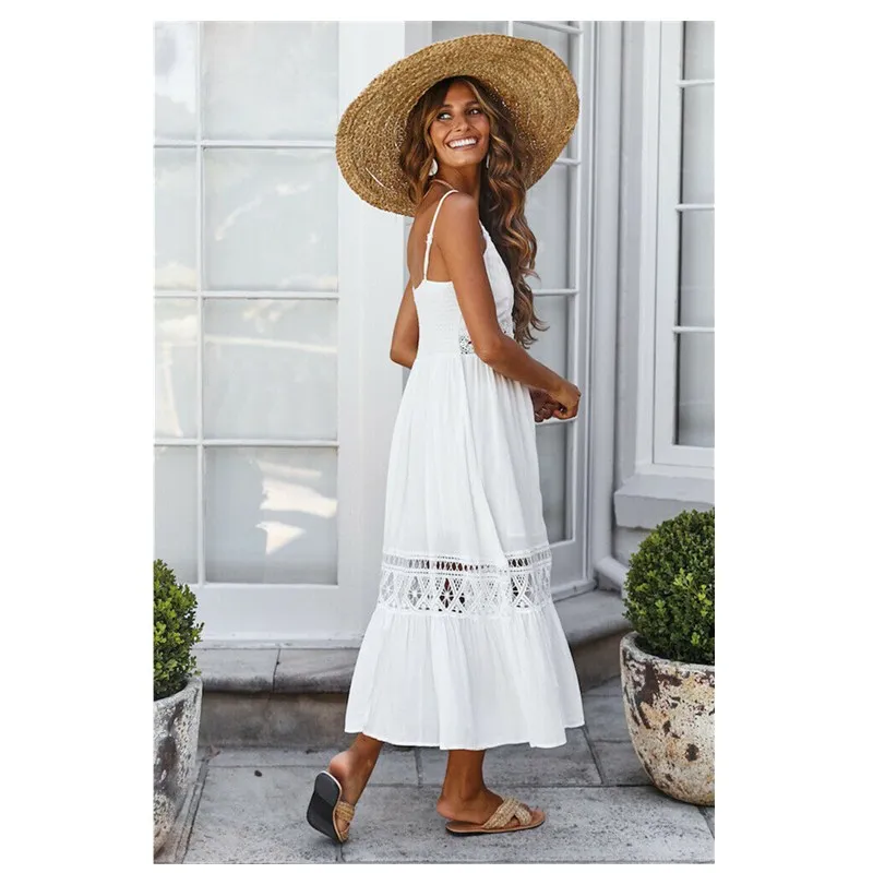 New 2019 Hot Women Summer Maxi Dress Sexy Boho Long Evening Party Beach Solid Loose SleevelessWhite Sundress | Женская одежда