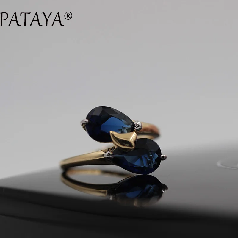 sapphire PATAYA, Новое поступление, фирменные кольца, 585, розовое золото, кольцо, темно-синий цвет, двойная Капля воды, натуральное женское кольцо с цирконом, Трендовое свадебное ювелирное изделие - Цвет основного камня: sapphire