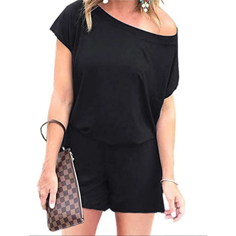 New Women's Single Shoulder Short Sleeve Jumpsuit Casual Pure Color Playsuit Ladies Sport Fitness Romper Beach Party WearSummer |