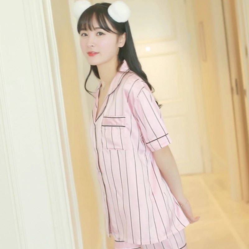 Новинка 2018 г. с короткими рукавами Короткие штаны шелка в полоску рубашка