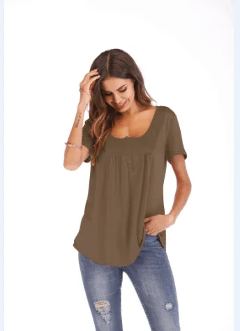 

Women Clothes Summer T-shirt Solid Color Round Collar Short Sleeve Button Decoration Pleated Loose Type Casual Clothing 5XL
