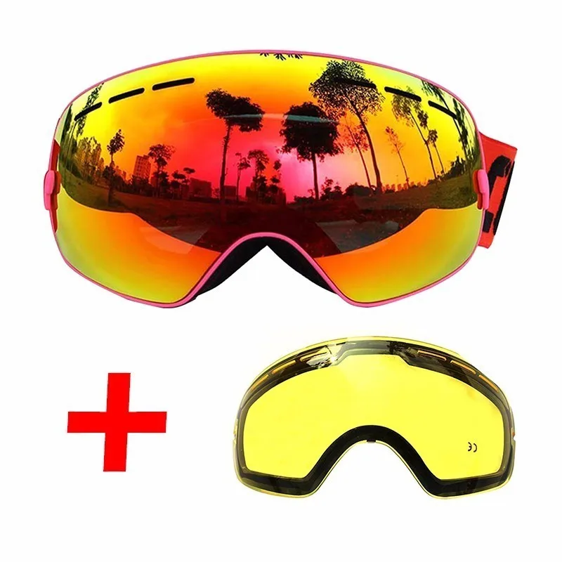 HW45Pink and Lens COPOZZ Ski Goggles with Lens and Box Case Ski Mask UV400 Anti-fog Snow Goggles Big Spherical Skiing Snowboarding for Men Women - Цвет: HW45Pink and Lens