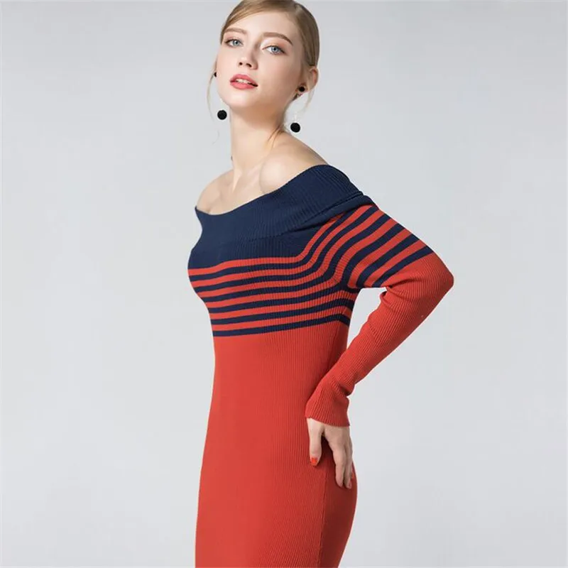 Мода Осень свитер с открытым плечом платье 2017 Высокое качество длинный рукав