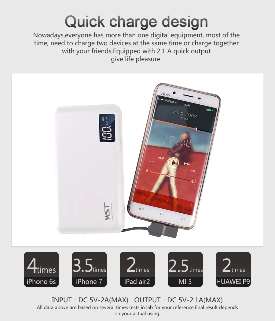 WST power Bank 10000 мАч Внешний аккумулятор светодиодный цифровой дисплей со встроенным кабелем Cargador Portatil для iPhone/Android