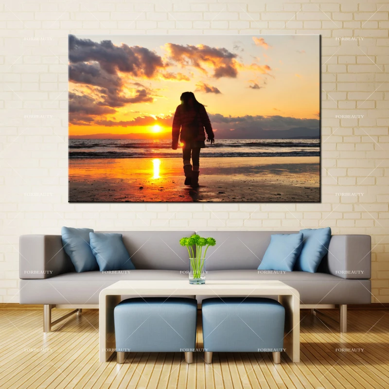 Forbeauty Холст Живопись стены Искусство Sea_beach_light_sunset_people_walk_alone _ Спрей Печать