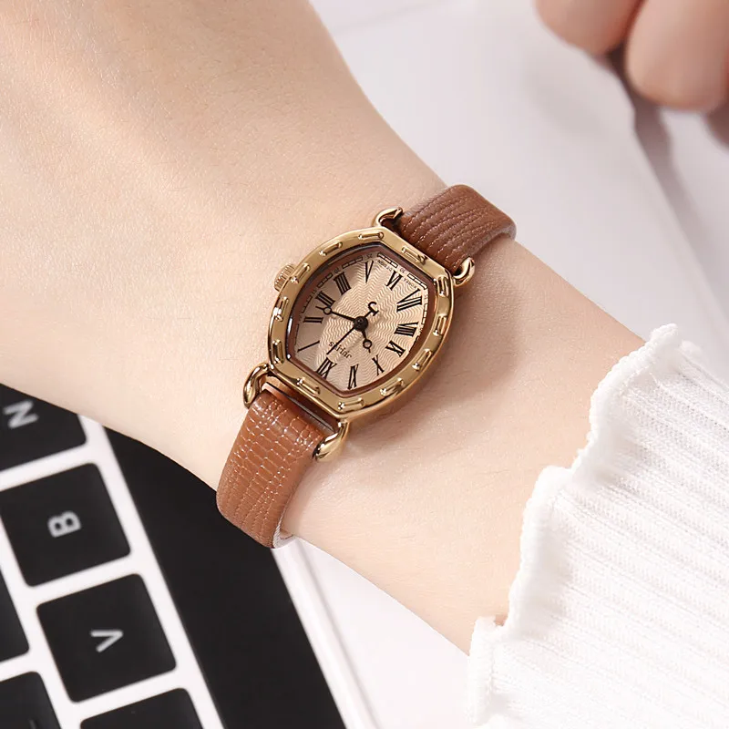 Женские модные часы в форме циферблата Tonneau водонепроницаемые маленькие кожаный