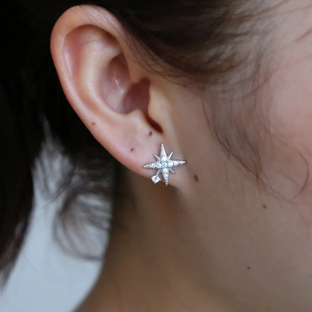 100% 925 sterling silver delicate jewelry starburst stud pave clear CZ cubic zirconia dainty Christmas gift star lovely earring | Украшения