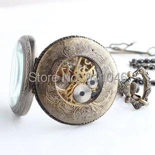 Free shipping Antique Bronze Mirror Skeleton Mechanical Pocket Watch Luxury Men's With Chain Gift Wholesale | Наручные часы