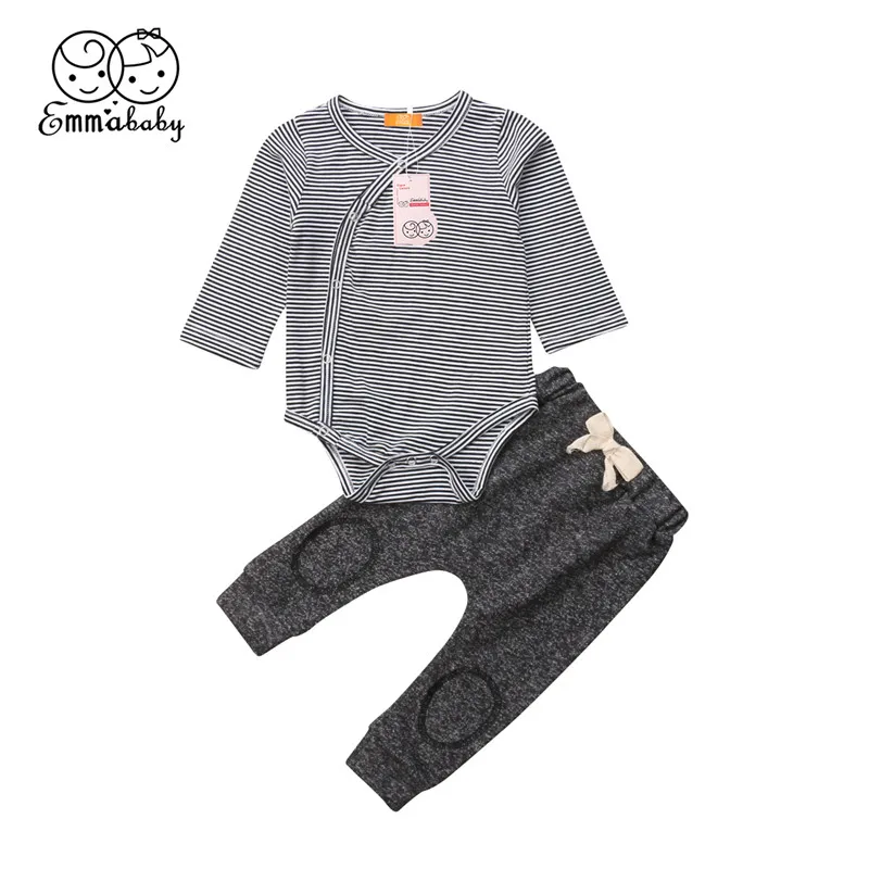 Emmababy Newborn Baby Boy Autumn clothes Set Boys Casual striped single breasted Cotton Top bodysuit Pants Outfit Clothing sets |