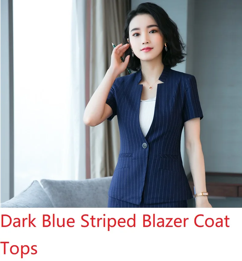 Dark Blue Striped Модные полосатые летние блейзеры с коротким рукавом и куртки, пальто для женщин, стильная верхняя одежда OL, топы, Униформа, одежда, деловая Рабочая одежда - Цвет: Dark Blue Striped