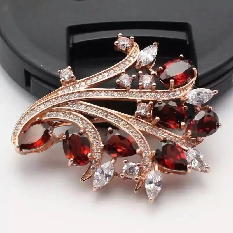 Natural red garnet brooch S925 silver gemstone Pendant trendy Elegant flowers women party fine jewelry | Украшения и аксессуары