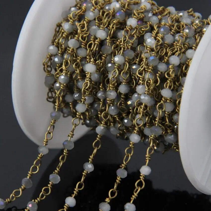 

5Meter Grey Titanium White Glass beads Wire Wrapped Chain,Faceted Rondelle Rosary Chains Necklace bracelet Jewelry supplies
