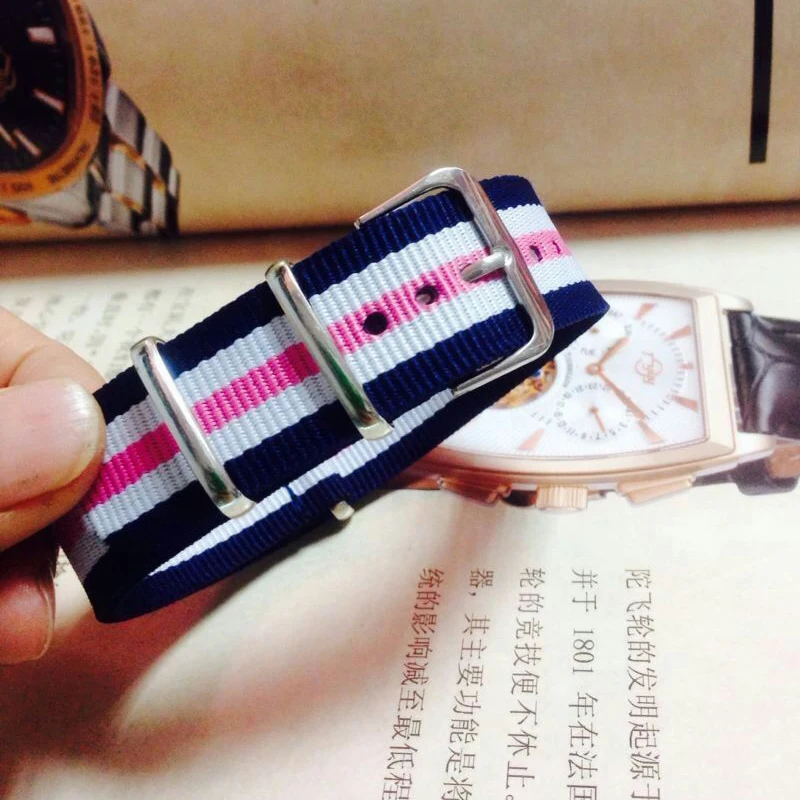

18mm Nato Cambo Light Color PInk White Stripe Casual Nylon Fabric Woven Watch watchband Strap Band Buckle belt 18 mm Girl Women