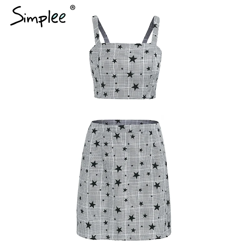 Simplee клетчатое летнее платье с принтом звезды женское Повседневное на бретелях