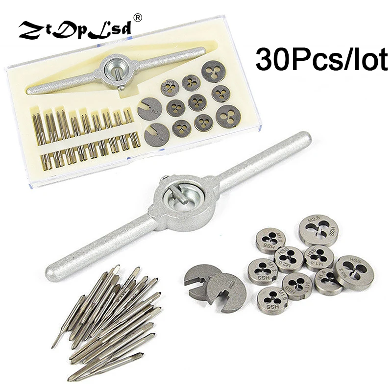 ZtDpLsd 30PCs Alloy Carbon Steel Tap Die Set Metric Micro Tap Wrench Thread Plugs Holder Professional Use Hand Screw Taps Tools