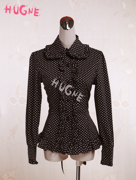 

Cotton Black Lolita Blouse with White Dots Long Sleeves Ruffles