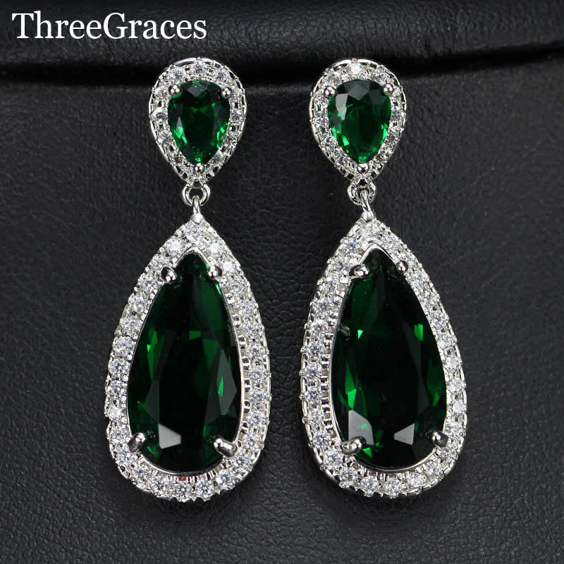 ThreeGraces Роскошные красные капли воды CZ Diamante серебро цвет длинные висячие серьги Вечеринка ювелирные изделия для женщин ER304 - Окраска металла: green
