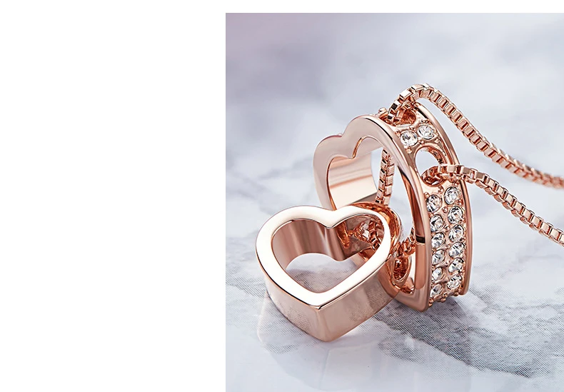 Warme Farben Korean Rose Gold Color Necklace for Women Double Heart Pendant Necklace Fashion Jewelry Choker Necklace Collares