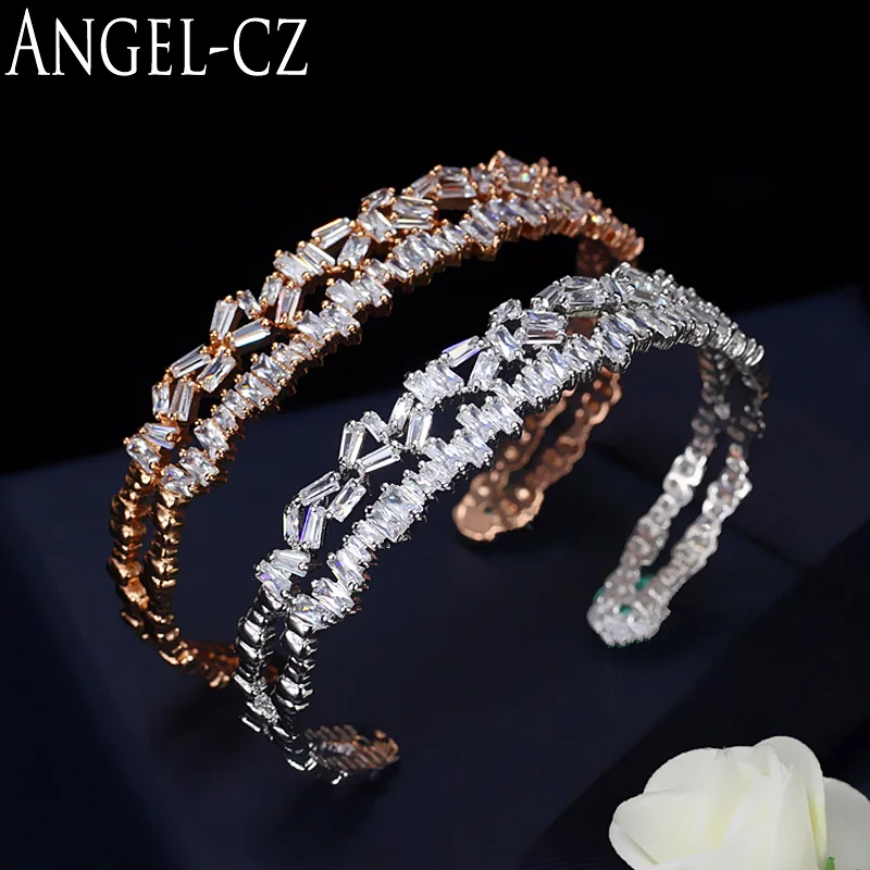 

ANGELCZ Multilayered Open Cuff Bangle Design Luxury AAA Cubic Zirconia Fashion Rose Gold Color Baguette Bracelet For Women AB076