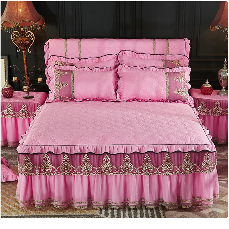 pure color 3pcs sanding cotton lace edge bedskirt free shipping thickened bedspreads European style high quality bedding set | Дом и сад