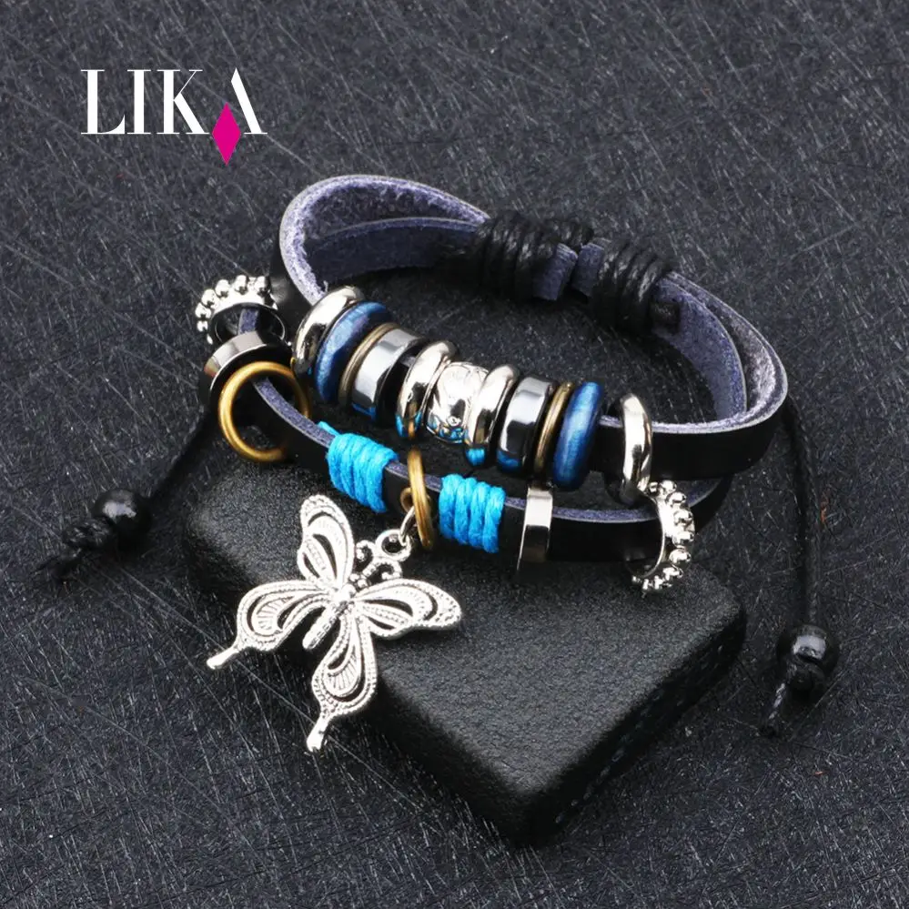 LIKA Newest Personality Charm Butterfly Bracelets Black Multiple Leather &amp Bangles For Women Men Drop Shipping Jewelry | Украшения и