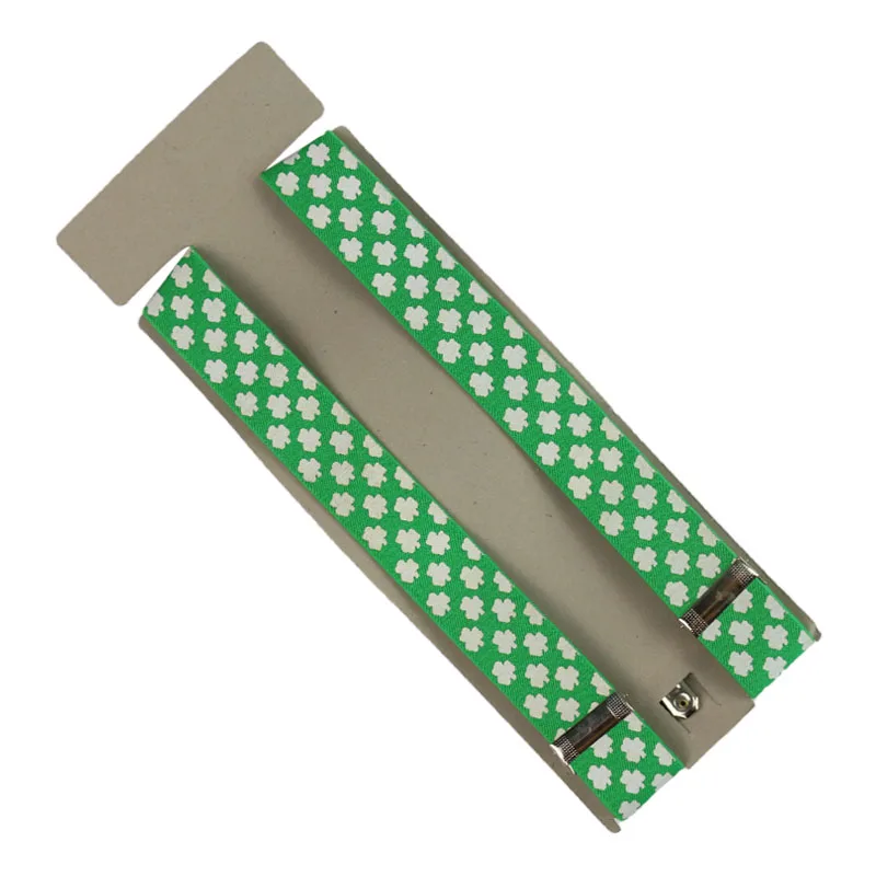 3.5cm Wide Fashion Green White Four Leaf Clover Print Men Women Clip-on Suspenders Elastic Y-Shape Adjustable male Ladies Braces |