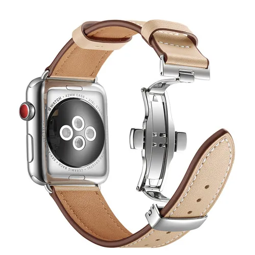 Silver button Кожаный ремешок для apple watch 5 4 band correa apple watch 42 мм 38 мм 44 мм 40 мм iWatch 4 3 2 Butterfly buckle pulseira ремешок для часов - Цвет ремешка: Silver button