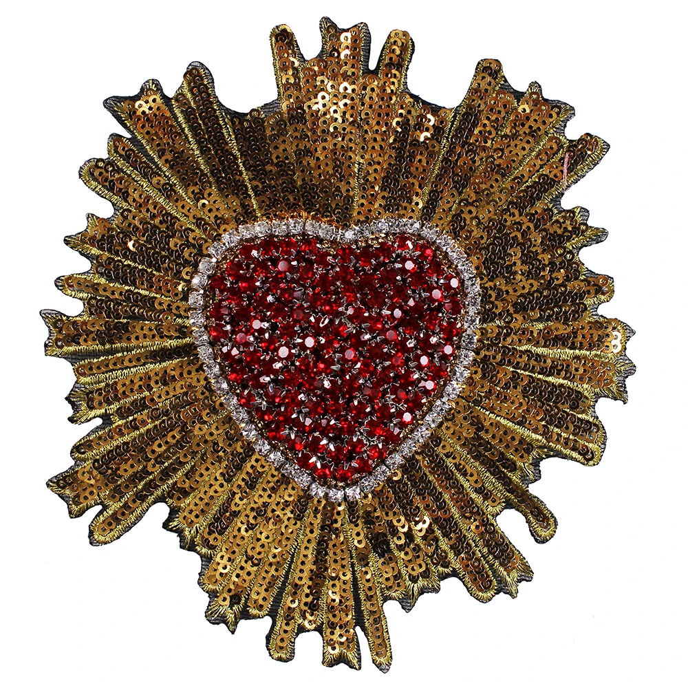 

10pieces Beaded Red Gold Crystal Heart Fabric Patches Sequin Paillette Applique Badges Craft Sewing Supplies TH784