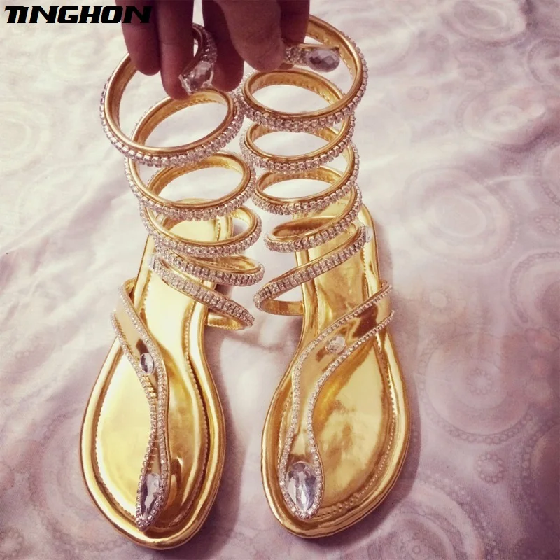

TINGHON New Arrive Summer Hot Snake Women Shoes women sandals Crystal Around Women Gladiator Sandal women Boots 35-46