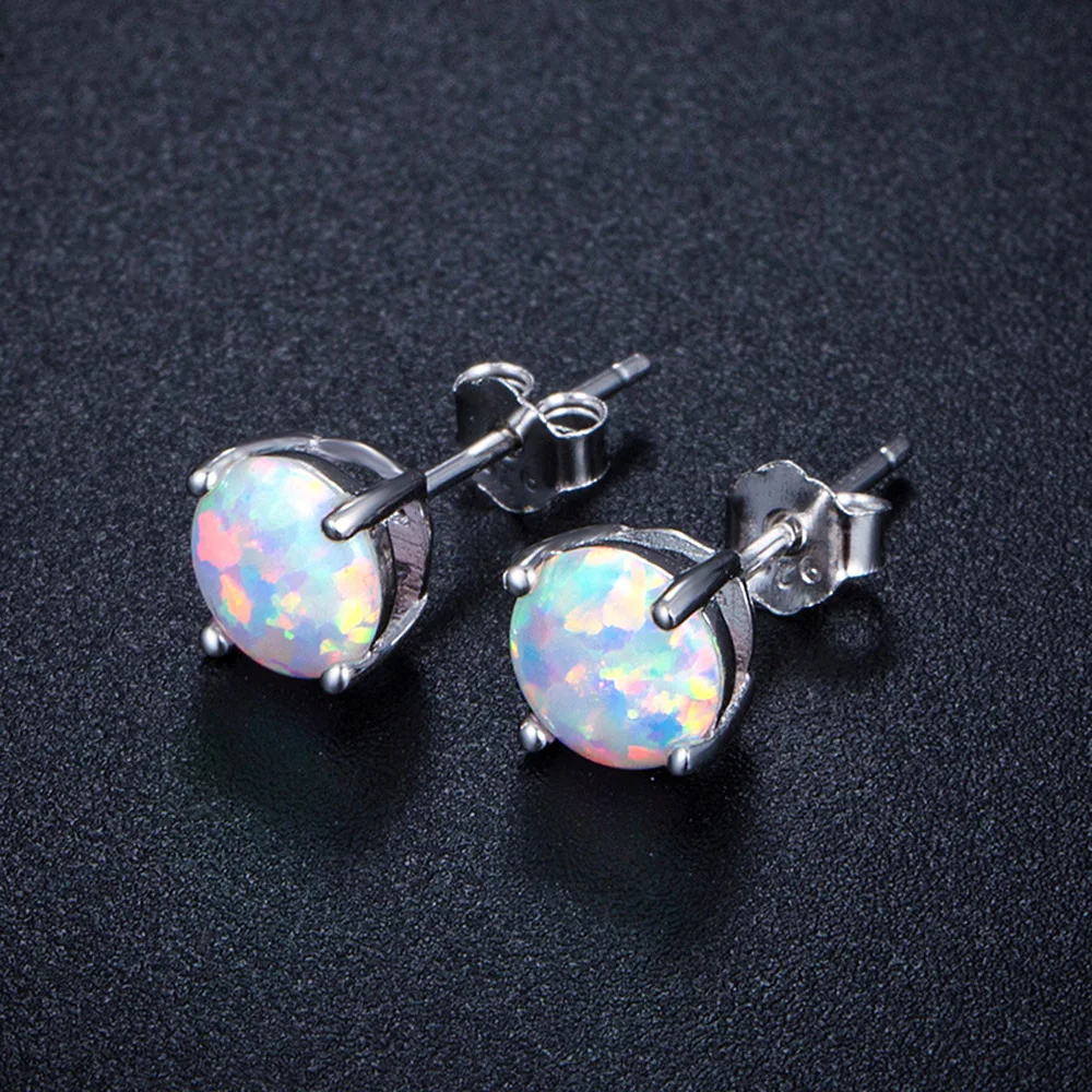 6MM Round White Fire Opal Stud Earrings For Women 100% Real 925 Sterling Silver Jewelry Cute Ear Jewellry Wedding Gift | Украшения и
