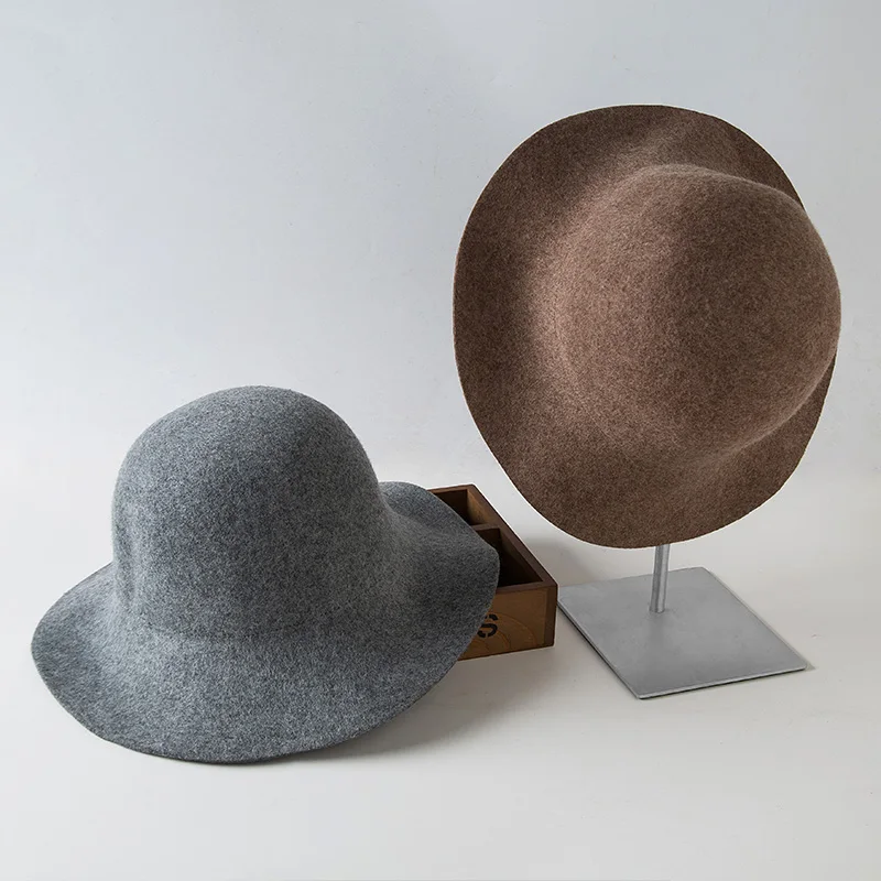 Winter Vintage Fedora Hat Women Thick Cashmere Hats polyester Felt Crushable Wide Brim Floppy Cap Retro Wool Top Hats