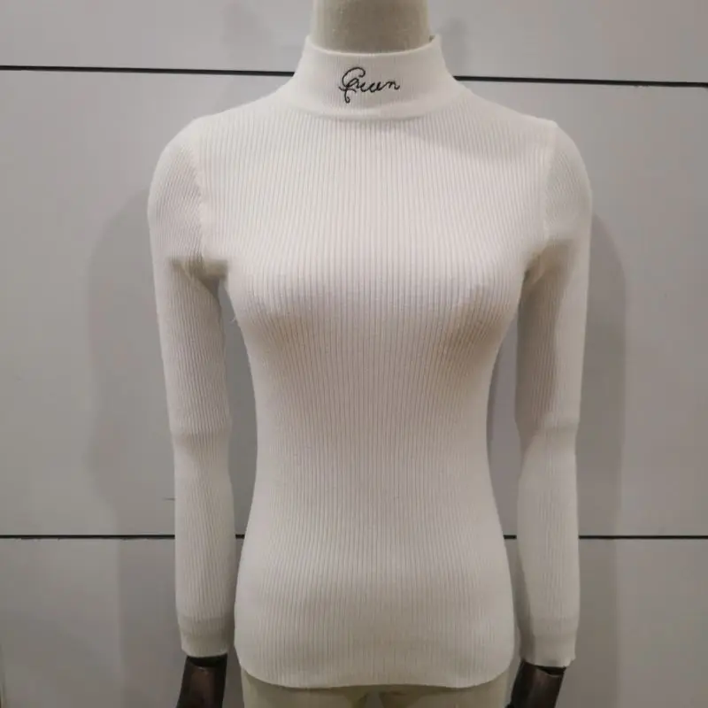 Autumn Women Queen embroidery Letter Knitwear Thin Sweater 2019 Casual Long Sleeve Turtleneck Pullovers Jumper Tops | Женская одежда