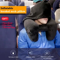 travel pillow with hoodcar h shape inflatable pillow neck rest support cushion nap pillow with velvet hat eye mask earplug