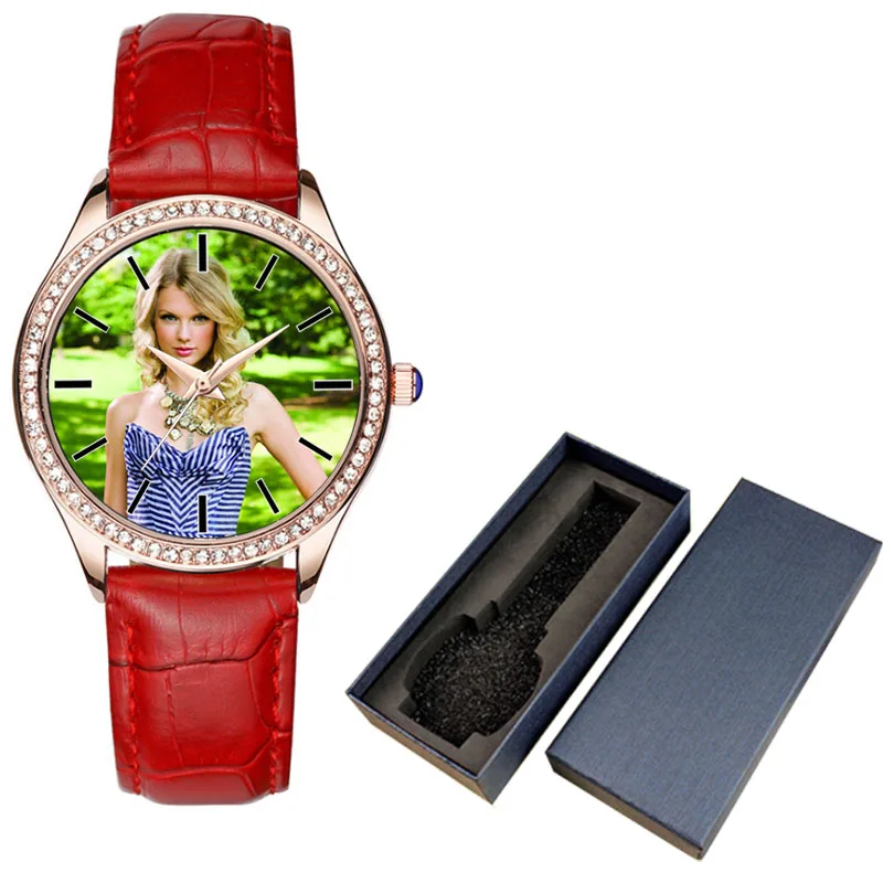 red with box Женские кварцевые часы со стразами на заказ, ваши собственные фото, A3327w, японские часы из натуральной кожи, с дидоном, подарок девушке другу - Цвет: red with box