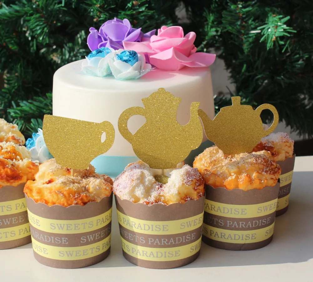 16 блеск золота Чай партии Чайники Чай Кубок кекс топперы Baby Shower Алиса в стране чудес украшение партии комплекты одна сторона