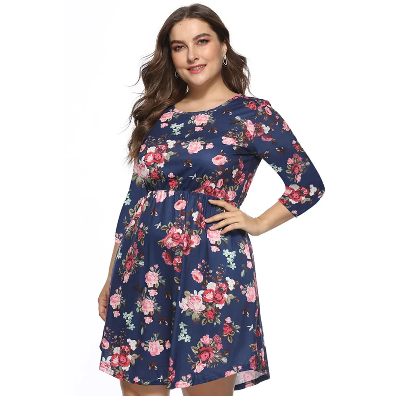 Plus Size Floral Print Tunic Women Dress Three Quarter Sleeve Autumn Summer Elegant Vocation 4XL Party Mini Dresses | Женская одежда