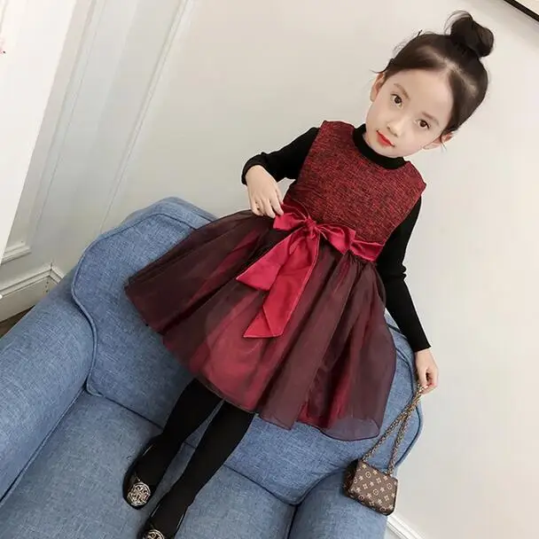 2018 Fall Winter Girls Wool Vest Dress Children's Bow Gauze Spliced Princess Dresses Female Kids One Piece DF174 | Детская одежда и