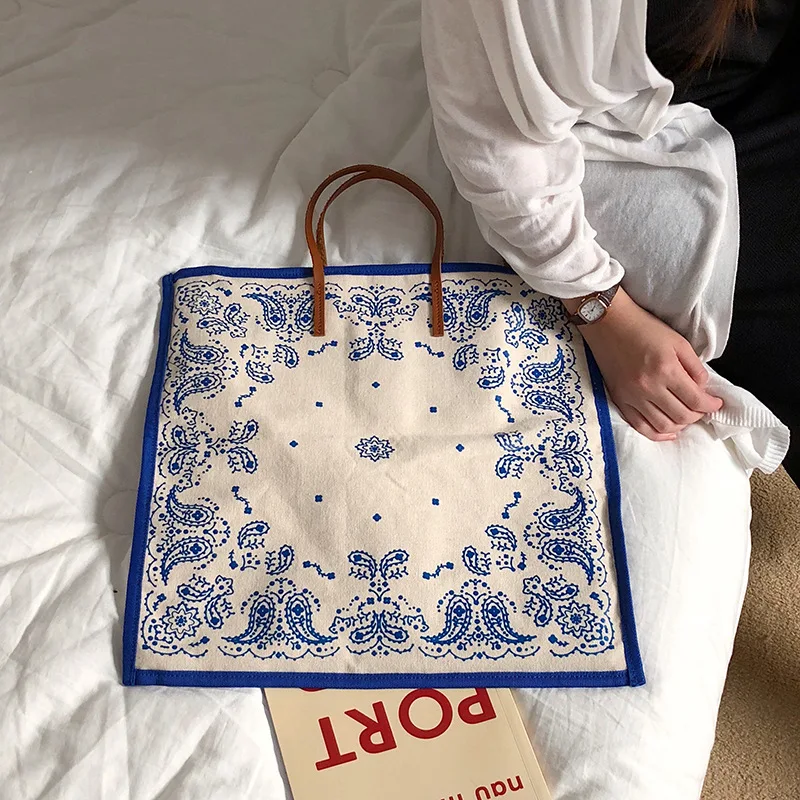 Женская Хлопковая Сумка-тоут большого размера с принтом пейсли квадратная