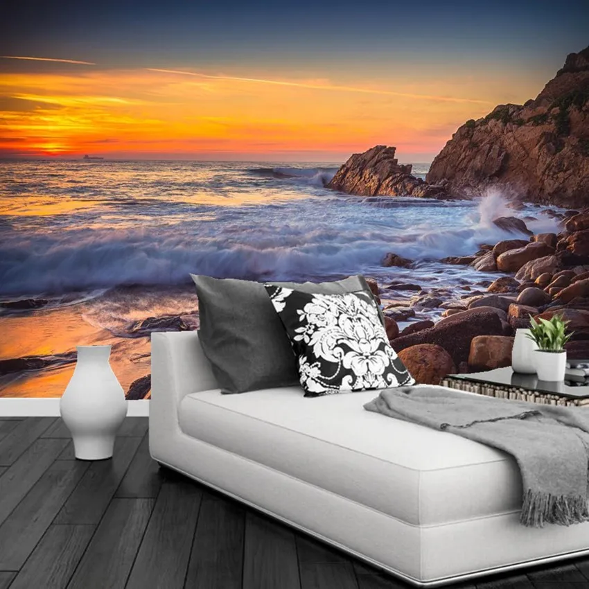 Большие фрески на заказ Подсолнухи И береговые волны камни натуральные обои
