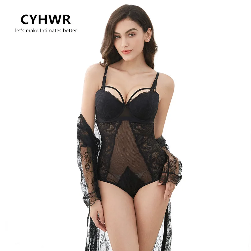 Women's One-Piece Underwear Push Up Lace Lingerie Sexy bra set+robe+thongs 3 pcs