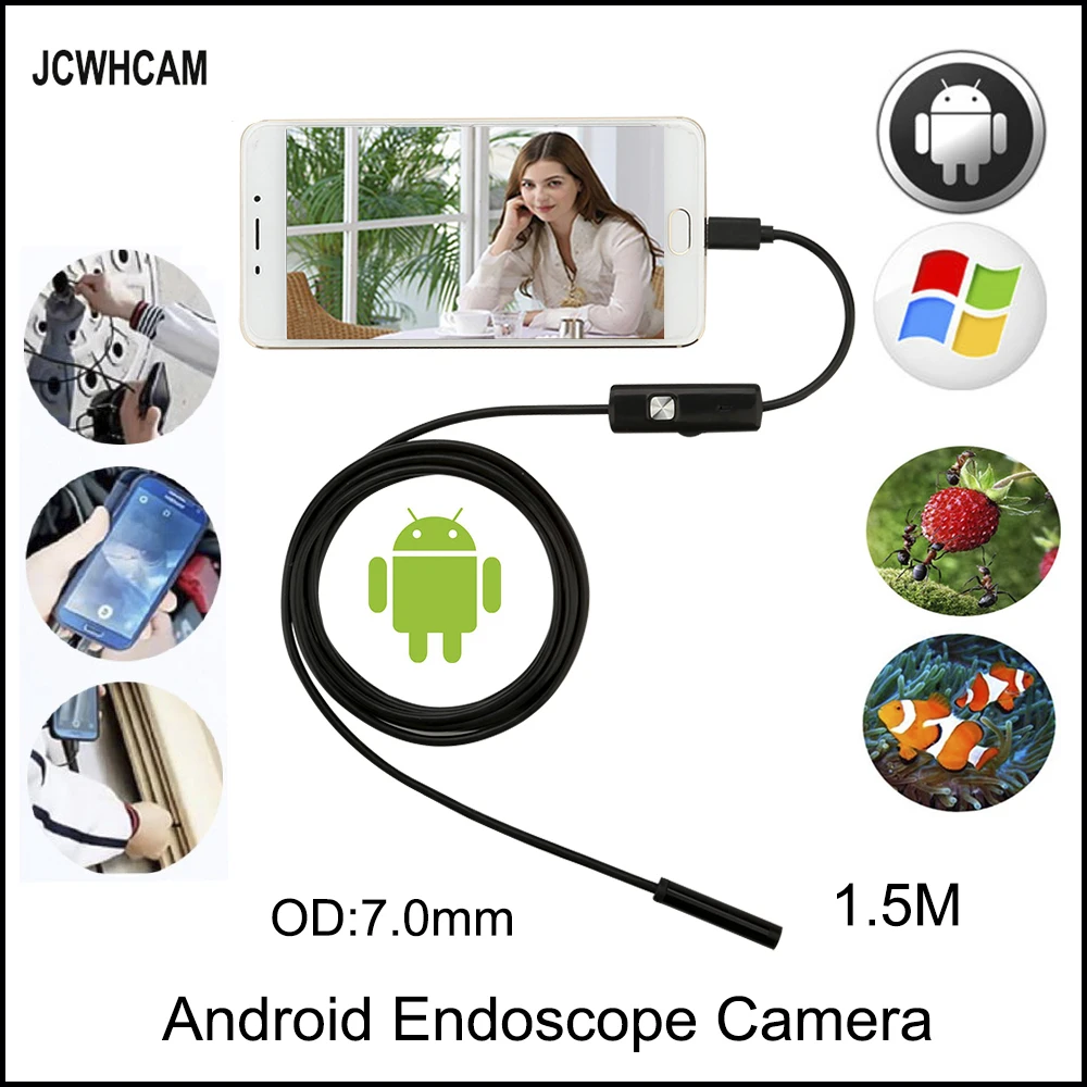 JCWHCAM эндоскоп 7 мм 1 5 м 2 3 Android Enoscope IP67 Водонепроницаемый инспекционный Бороскоп
