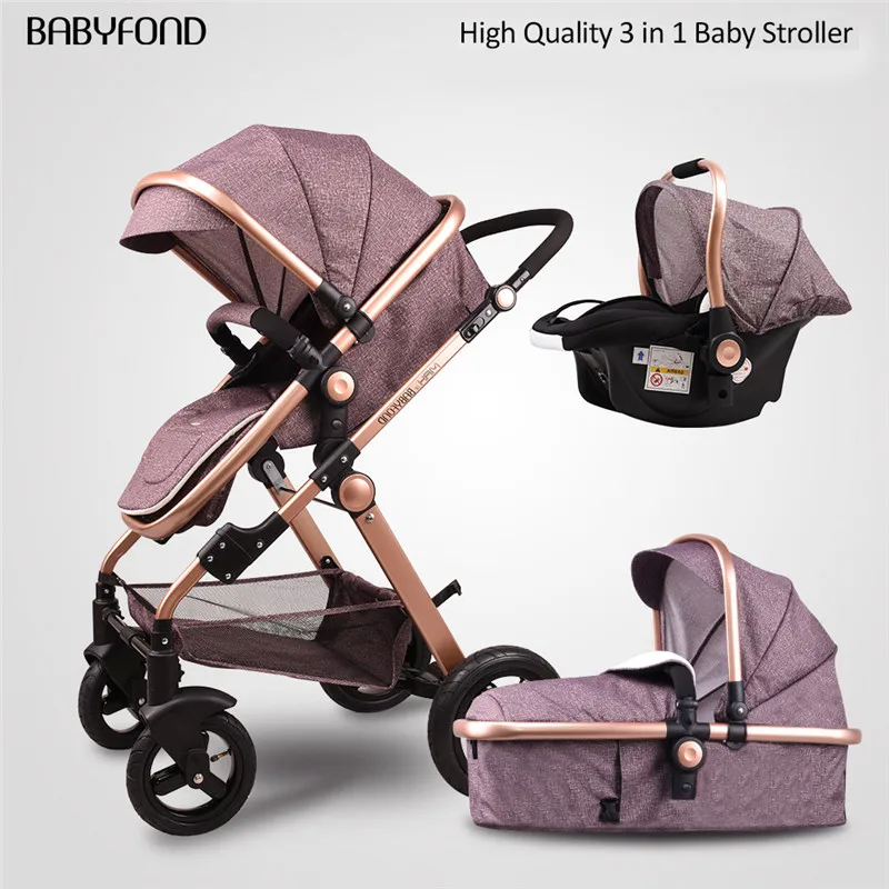 Khaki Babyfond 3 в 1 детская коляска PU водонепроницаемый материал многоцветный светильник Роскошная портативная детская коляска с корзиной и автокреслом - Цвет: Khaki