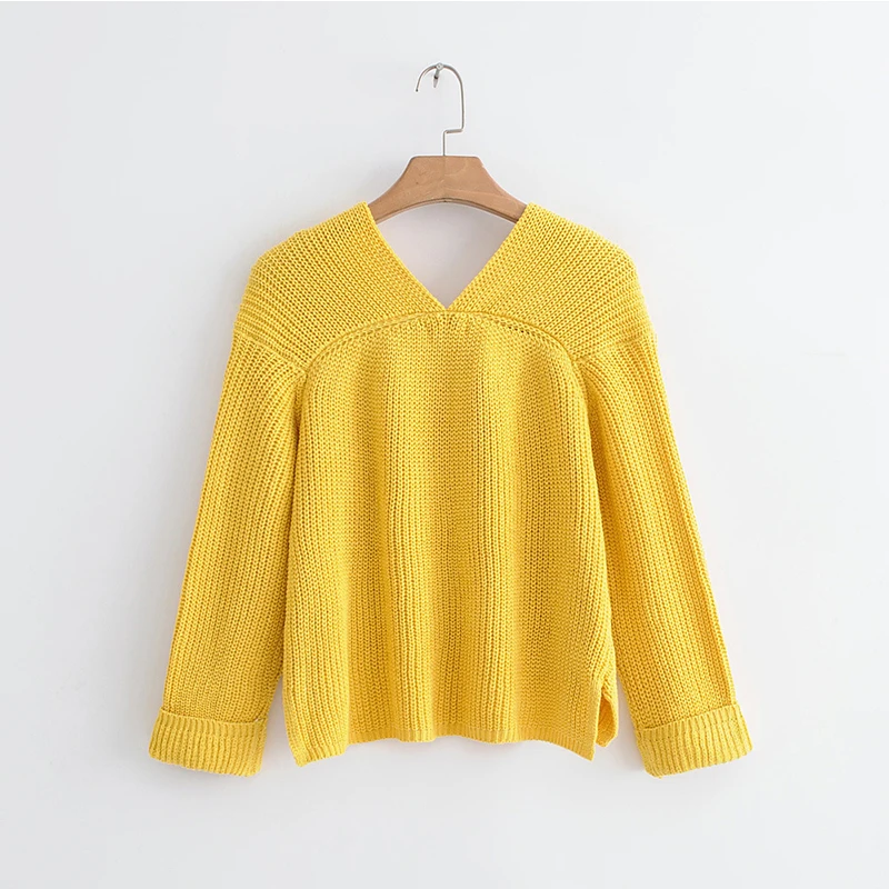 

Ruique Women Simple Casual Warm Autumn Winter Sweater Girls Candy Color Knitting Down Sleeve Pullover Sexy V Neck Sweater Female