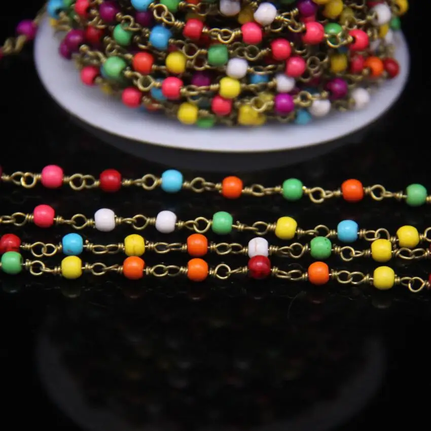

5Meter,4mm Colourful Howlite Round bead Fashion Rosary Chain,Multicolor Turquoises Wire Wrapped Link Chain DIY Bracelet Necklace