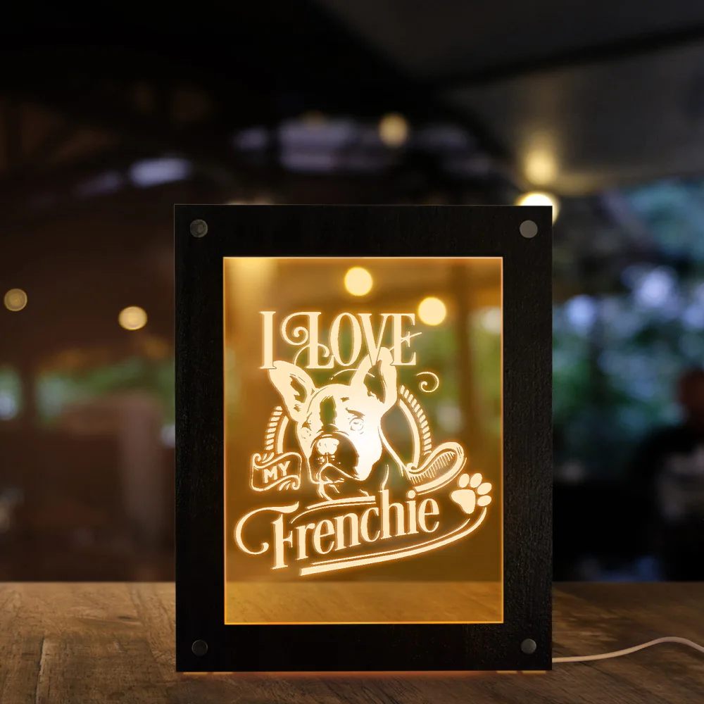 Французский бульдог светодиодный светильник фоторамка I Love My Frenchie деревянный