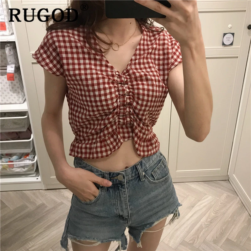 Женская клетчатая блузка RUGOD Повседневная Блузка в Корейском стиле с v образным