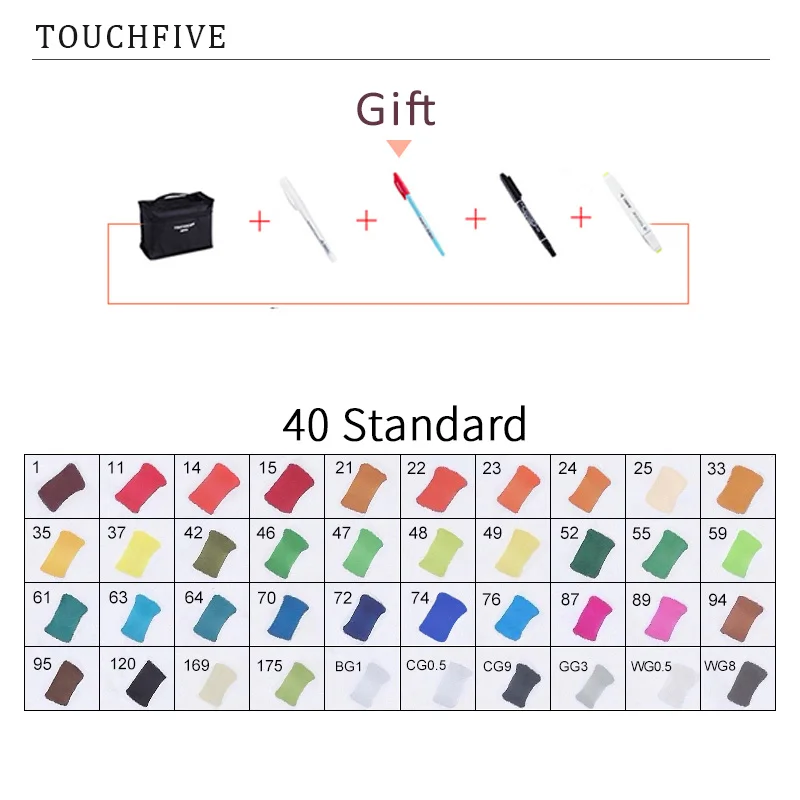 40 STANDARD TouchFIVE 20 Вт, 30 Вт/40/60/80 Цвет маркеры манга рисунок Маркеры Ручка на спиртовой основе эскиз жирной двойной кисть товары для рукоделия - Цвет: 40 STANDARD