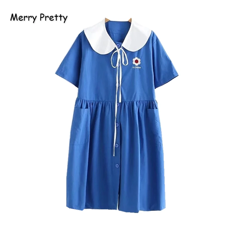 Женское плиссированное платье Merry Pretty голубое мини с цветочной вышивкой коротким