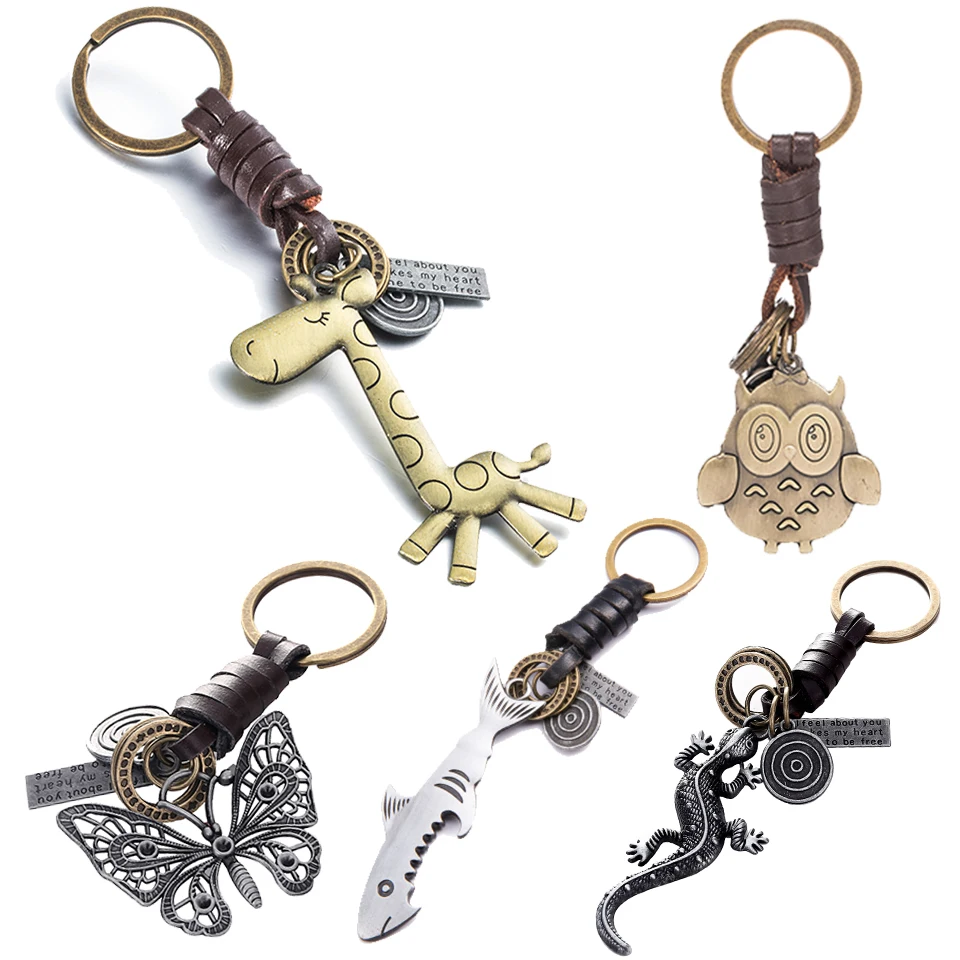 Fashion Cute Animal Series Keychain Giraffe Owl Butterfly Gecko Shark Suspension Pendant Leather Key Chain Jewelry For Men Women