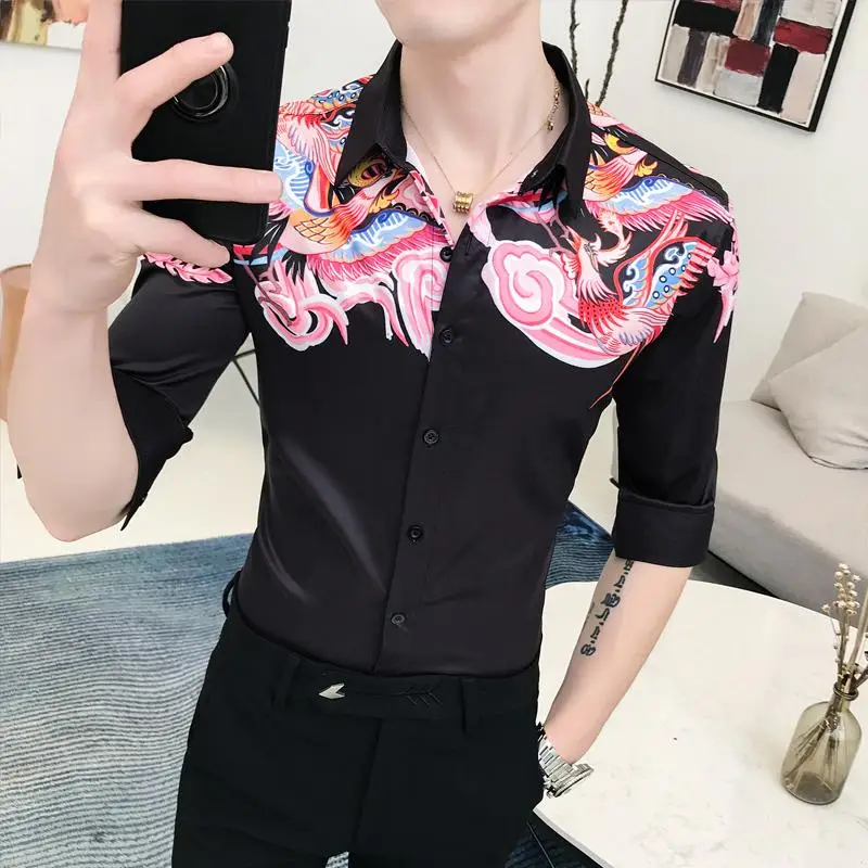 Half sleeve Camisa masculina Casual Social Shirt for Men Hip hop Unique design Blouse Hawaiian Mens Shirts Slim fit Summer | Мужская